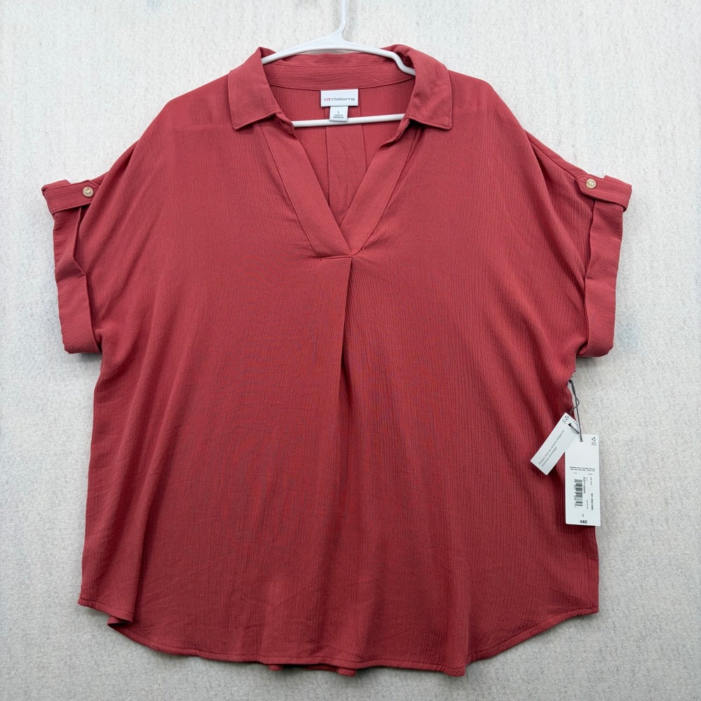 Liz Claiborne Womens Short Sleeve V-Neck Blouse Dusty Cedar Red Large NWT
